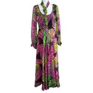 Vintage 70s Super Bright and Colorful extra long flowing maxi Dress w/ sash